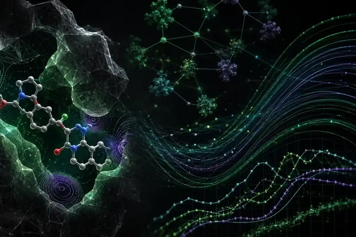 Biological pathway network flowing into green cyan and violet simulation curves
