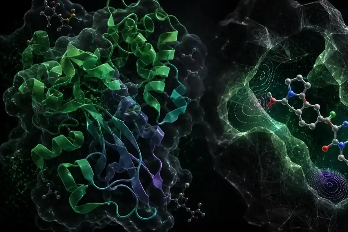Folded protein structure beside a molecular surface on a dark scientific visualization