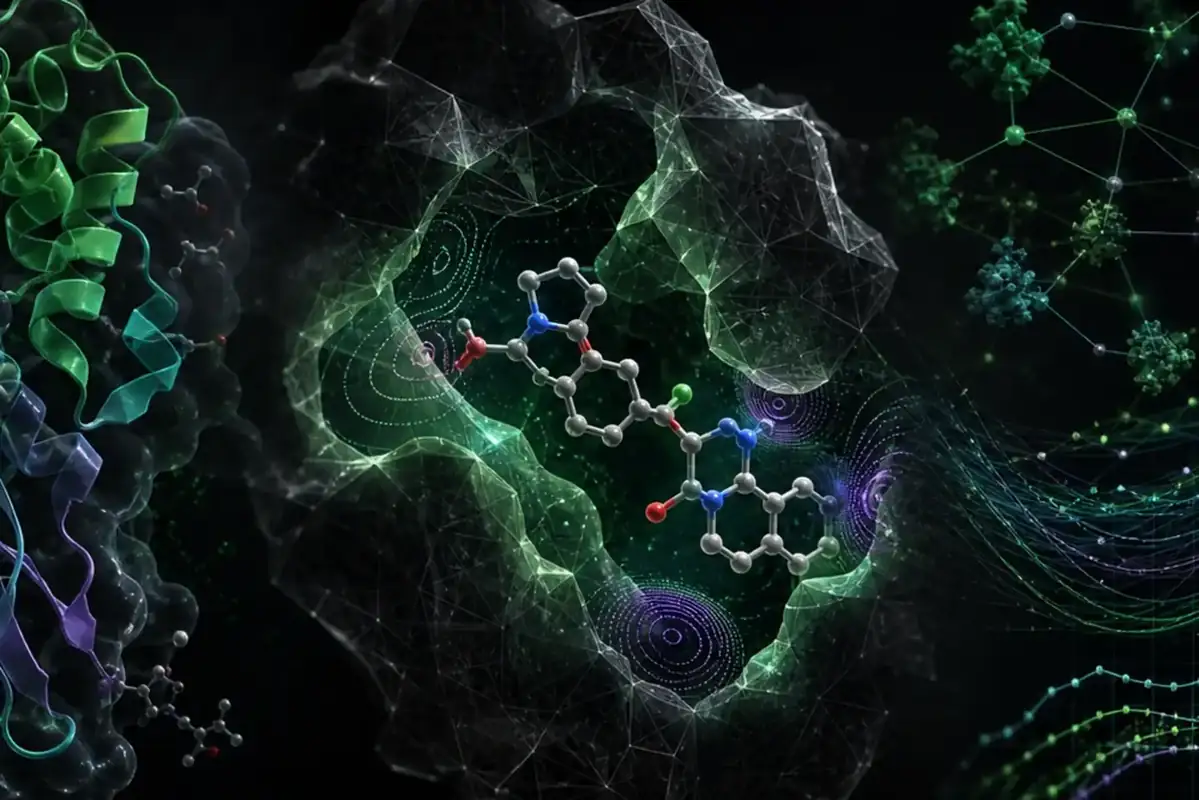 Ligand molecule suspended inside a geometric protein binding pocket